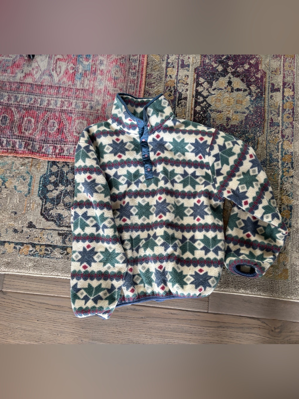 L.L. Bean Cream Fleece Zip-Up Sweater with Green and Navy Pattern
